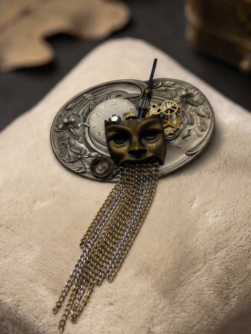 Vintage DIXIE Steampunk Mask Brooch - Mixed Metal Gear & Chain